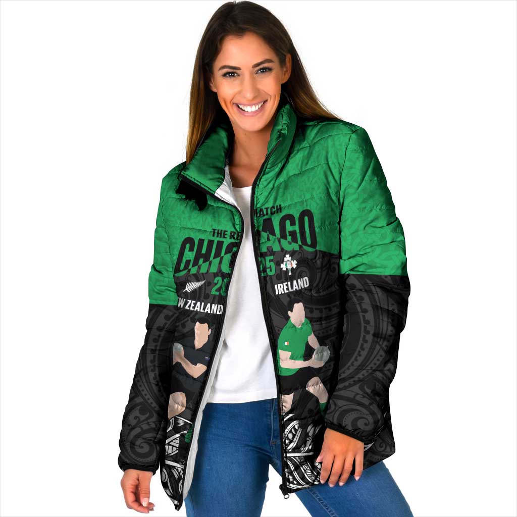 New Zealand and Ireland Rugby Custom Padded Jacket Chicago 2025 Go All Black Shamrocks - Polynesian Pride