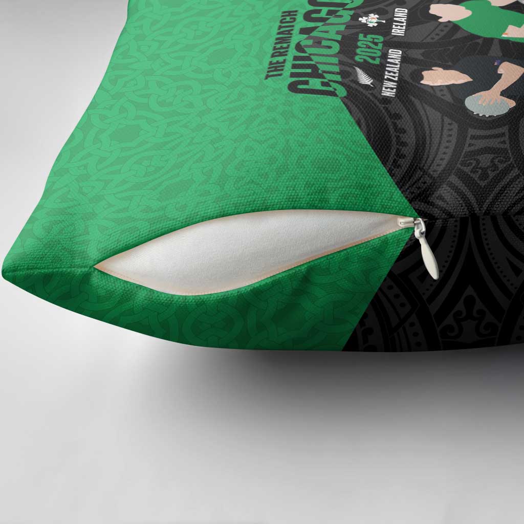 New Zealand and Ireland Rugby Pillow Cover Chicago 2025 Go All Black Shamrocks - Polynesian Pride