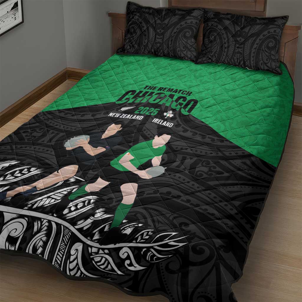 New Zealand and Ireland Rugby Quilt Bed Set Chicago 2025 Go All Black Shamrocks - Polynesian Pride