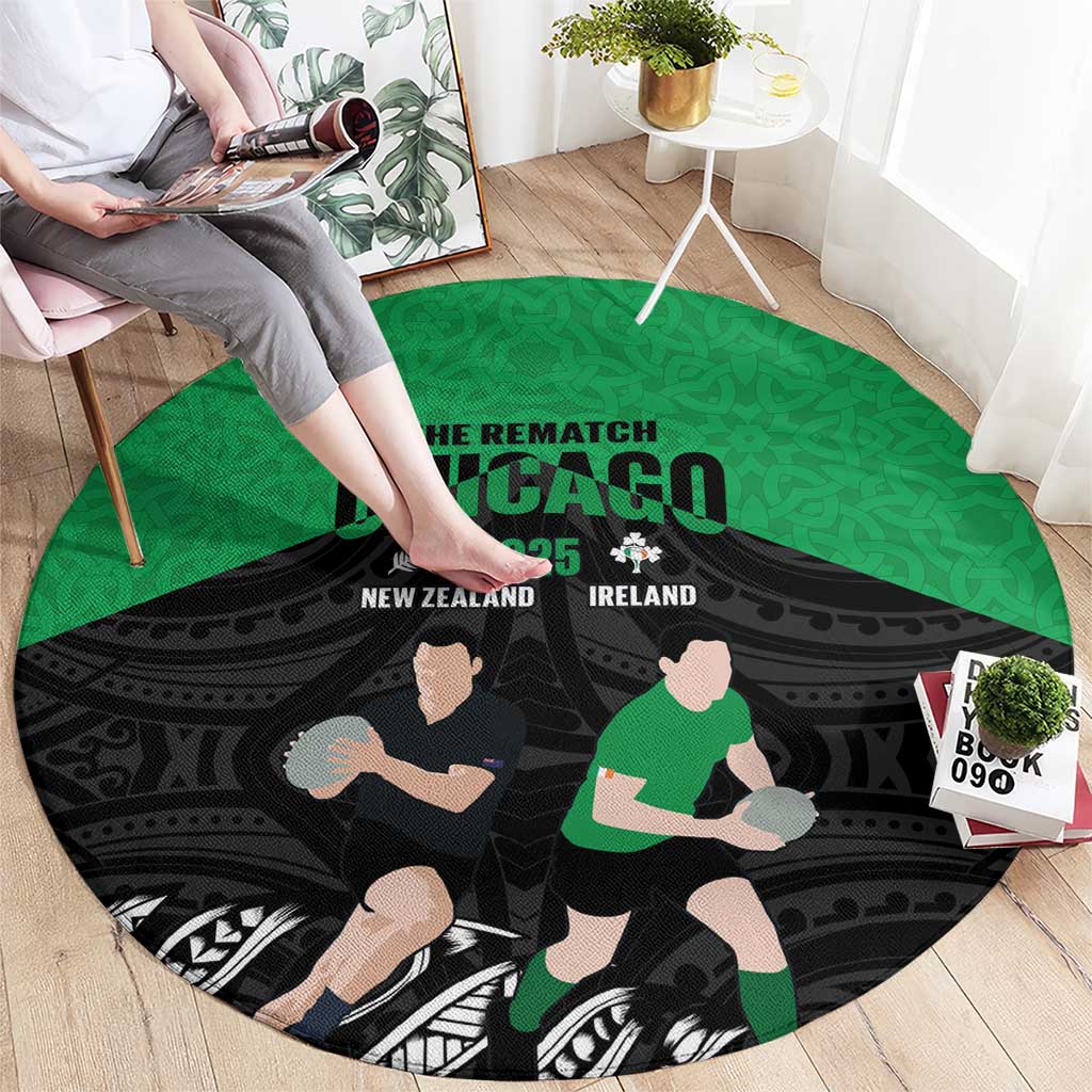 New Zealand and Ireland Rugby Round Carpet Chicago 2025 Go All Black Shamrocks - Polynesian Pride