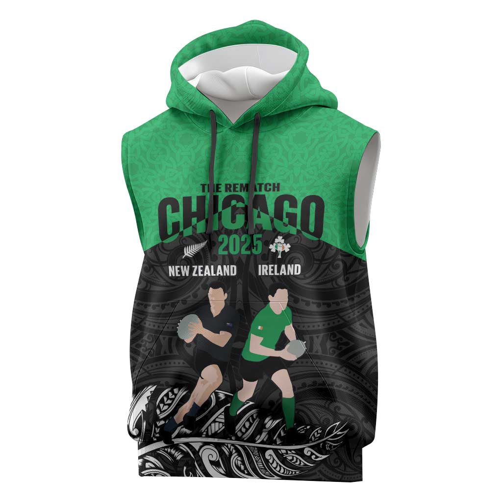 New Zealand and Ireland Rugby Custom Sleeveless Hoodie Chicago 2025 Go All Black Shamrocks - Polynesian Pride
