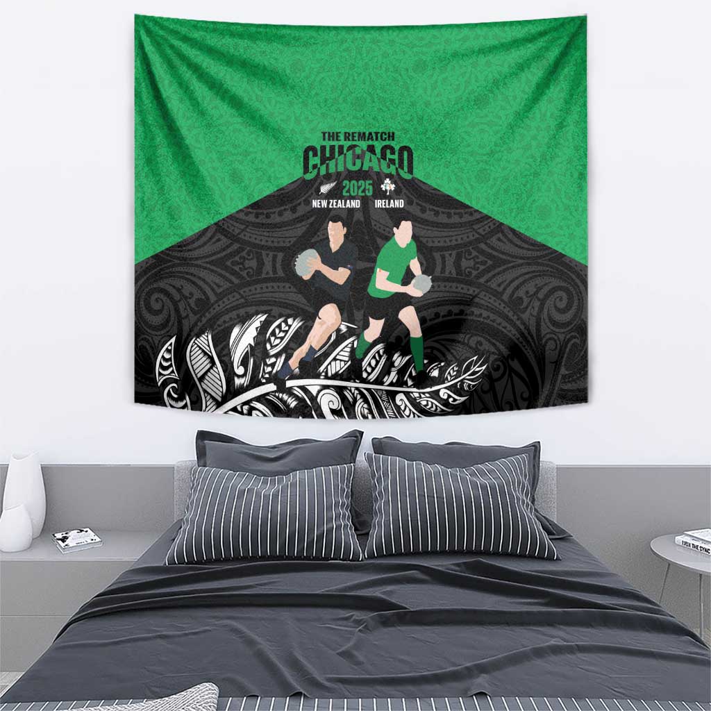 New Zealand and Ireland Rugby Tapestry Chicago 2025 Go All Black Shamrocks - Polynesian Pride