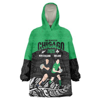 New Zealand and Ireland Rugby Custom Wearable Blanket Hoodie Chicago 2025 Go All Black Shamrocks - Polynesian Pride
