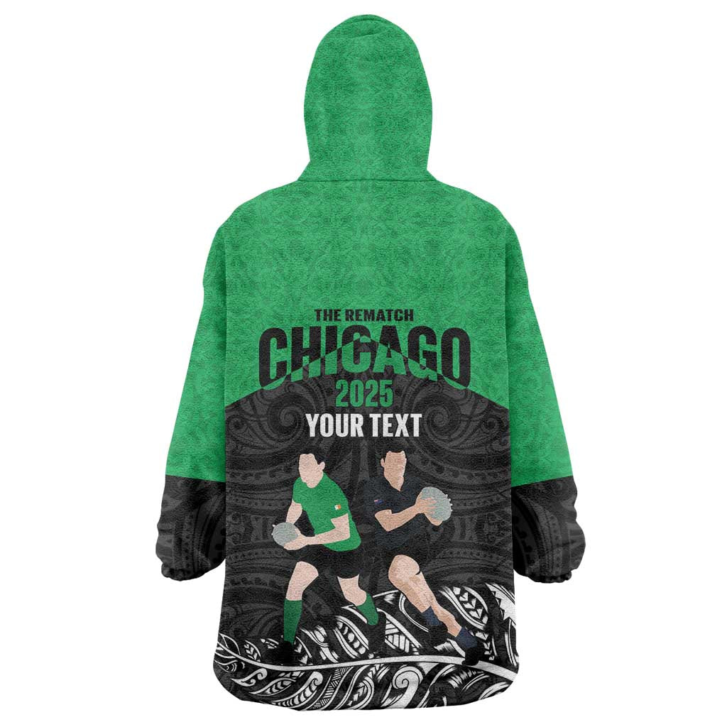 New Zealand and Ireland Rugby Custom Wearable Blanket Hoodie Chicago 2025 Go All Black Shamrocks - Polynesian Pride