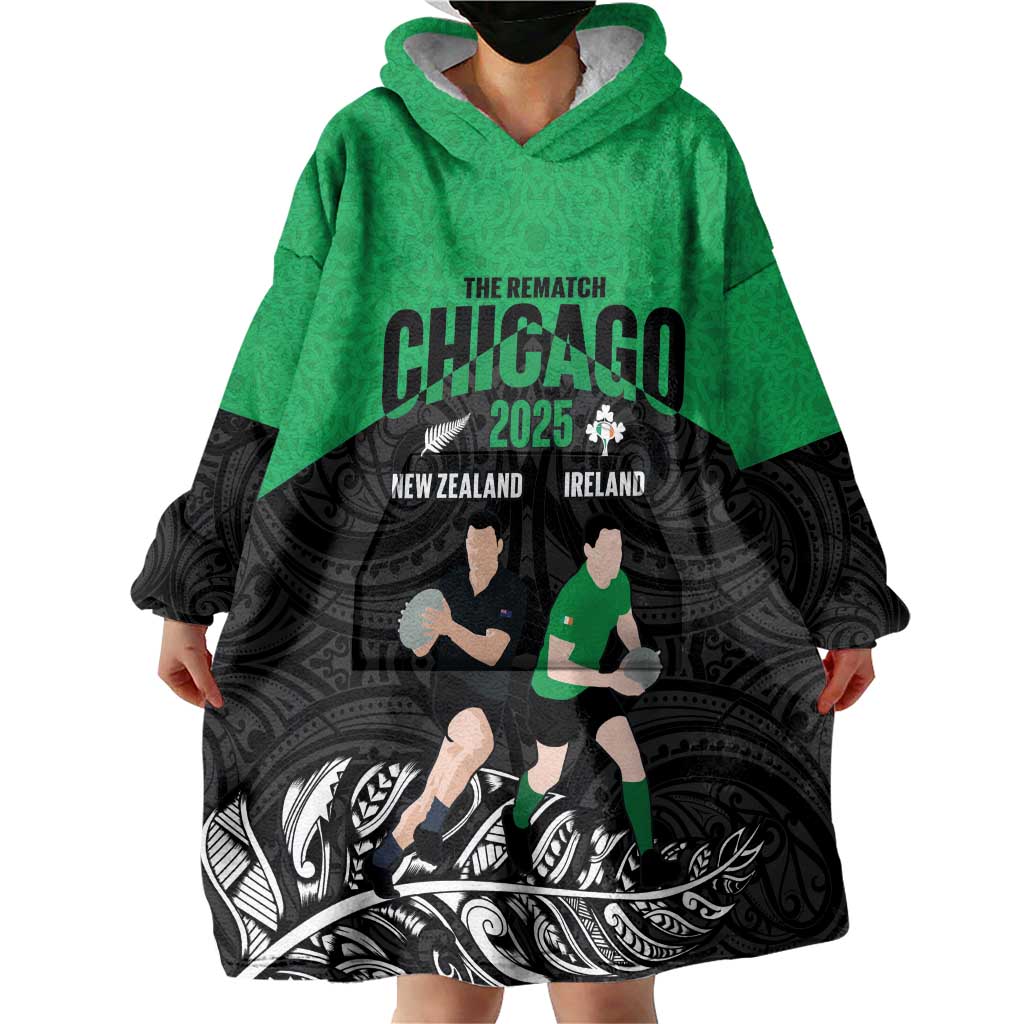 New Zealand and Ireland Rugby Custom Wearable Blanket Hoodie Chicago 2025 Go All Black Shamrocks - Polynesian Pride
