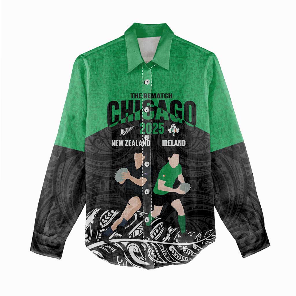 New Zealand and Ireland Rugby Custom Women Casual Shirt Chicago 2025 Go All Black Shamrocks - Polynesian Pride