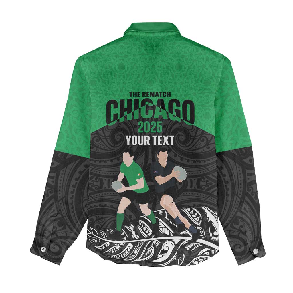New Zealand and Ireland Rugby Custom Women Casual Shirt Chicago 2025 Go All Black Shamrocks - Polynesian Pride