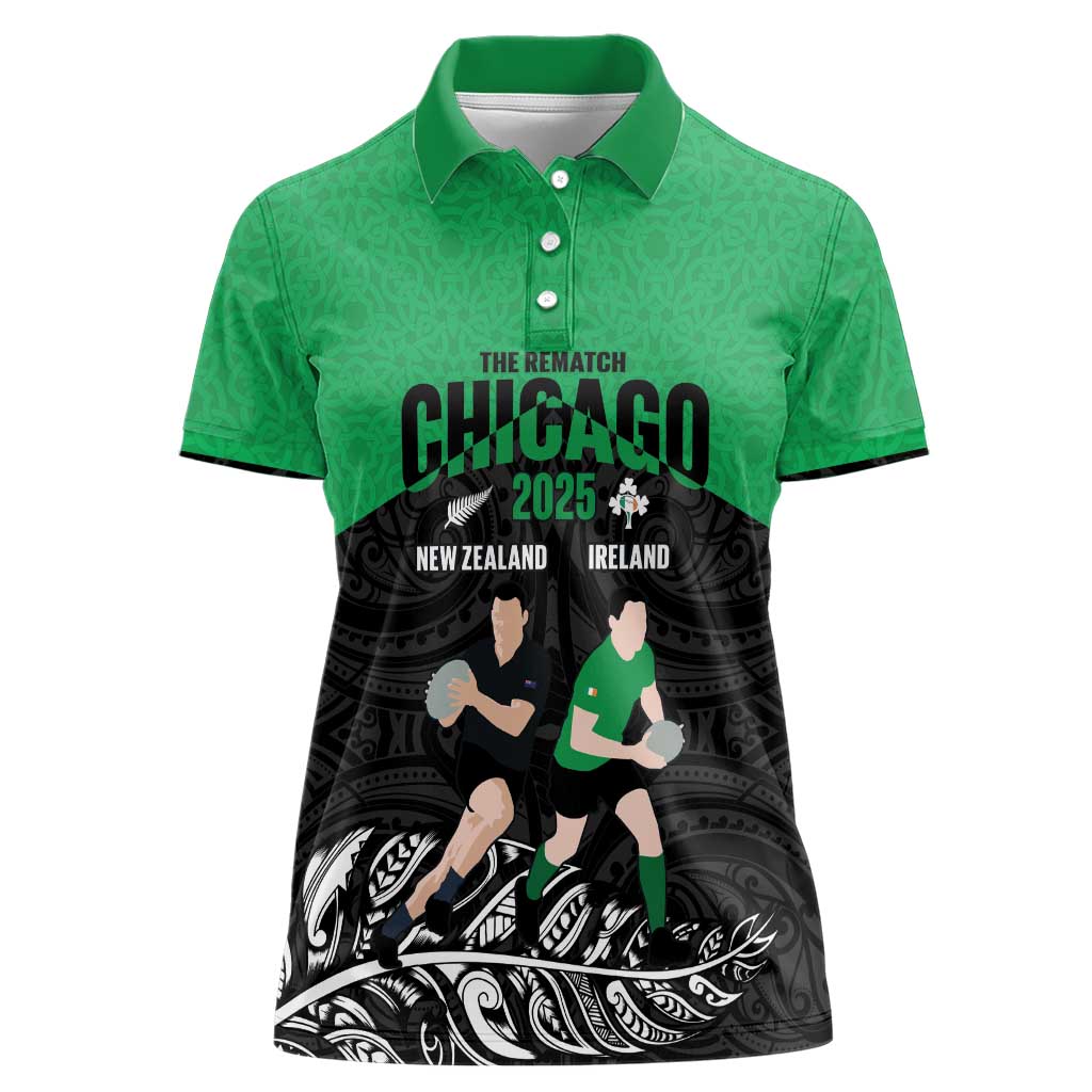 New Zealand and Ireland Rugby Custom Women Polo Shirt Chicago 2025 Go All Black Shamrocks - Polynesian Pride