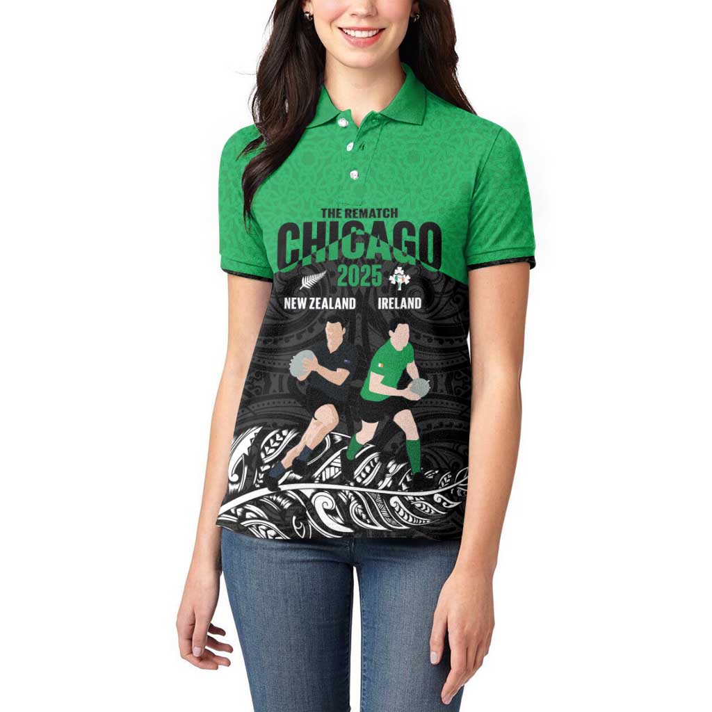 New Zealand and Ireland Rugby Custom Women Polo Shirt Chicago 2025 Go All Black Shamrocks - Polynesian Pride