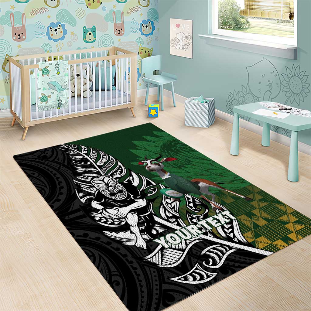 New Zealand and South Africa Rugby Custom Area Rug Maori Tiki Fern Springboks Kente Pattern - Polynesian Pride