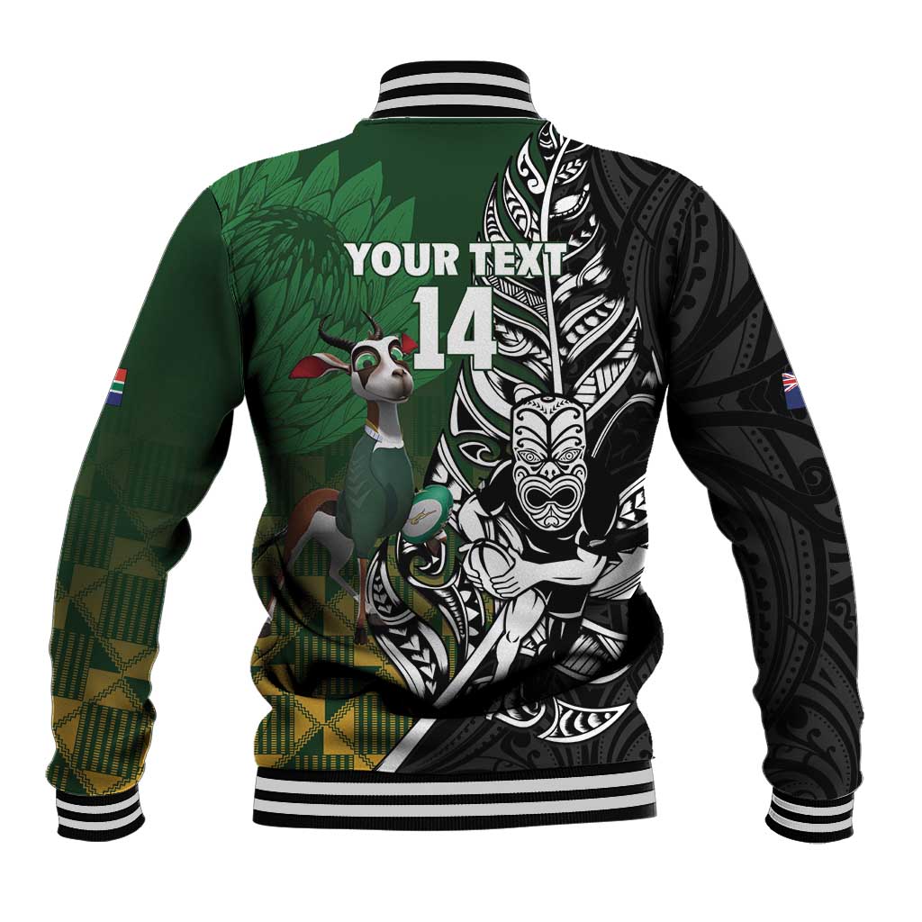 New Zealand and South Africa Rugby Custom Baseball Jacket Maori Tiki Fern Springboks Kente Pattern - Polynesian Pride