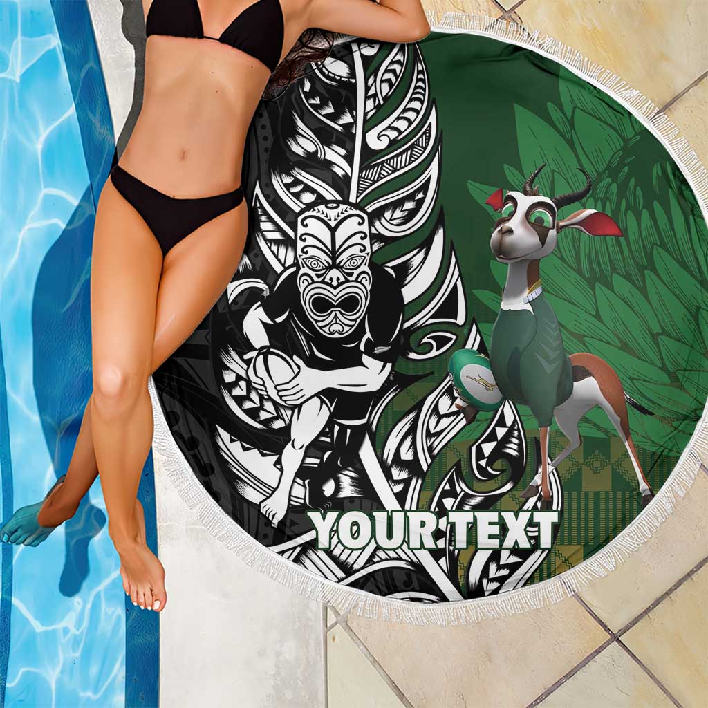 New Zealand and South Africa Rugby Custom Beach Blanket Maori Tiki Fern Springboks Kente Pattern - Polynesian Pride