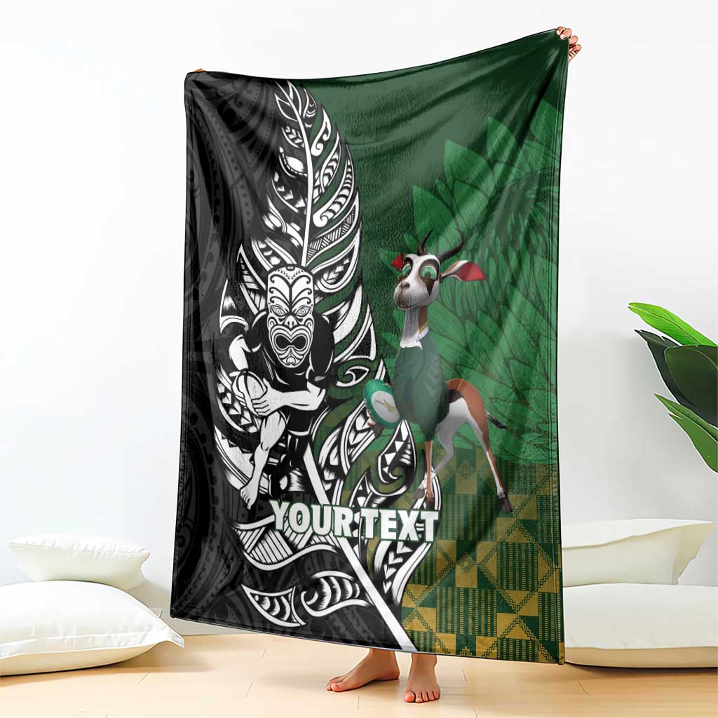 New Zealand and South Africa Rugby Custom Blanket Maori Tiki Fern Springboks Kente Pattern - Polynesian Pride