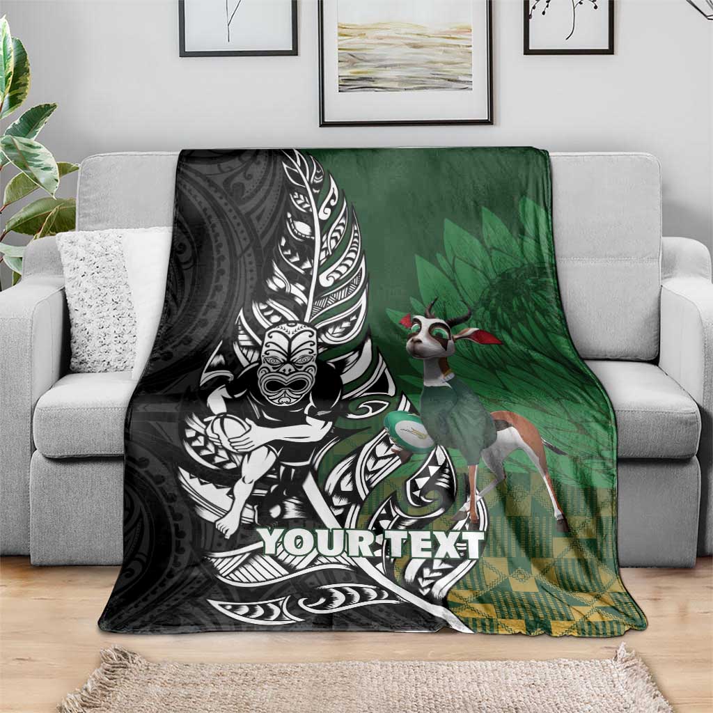 New Zealand and South Africa Rugby Custom Blanket Maori Tiki Fern Springboks Kente Pattern - Polynesian Pride