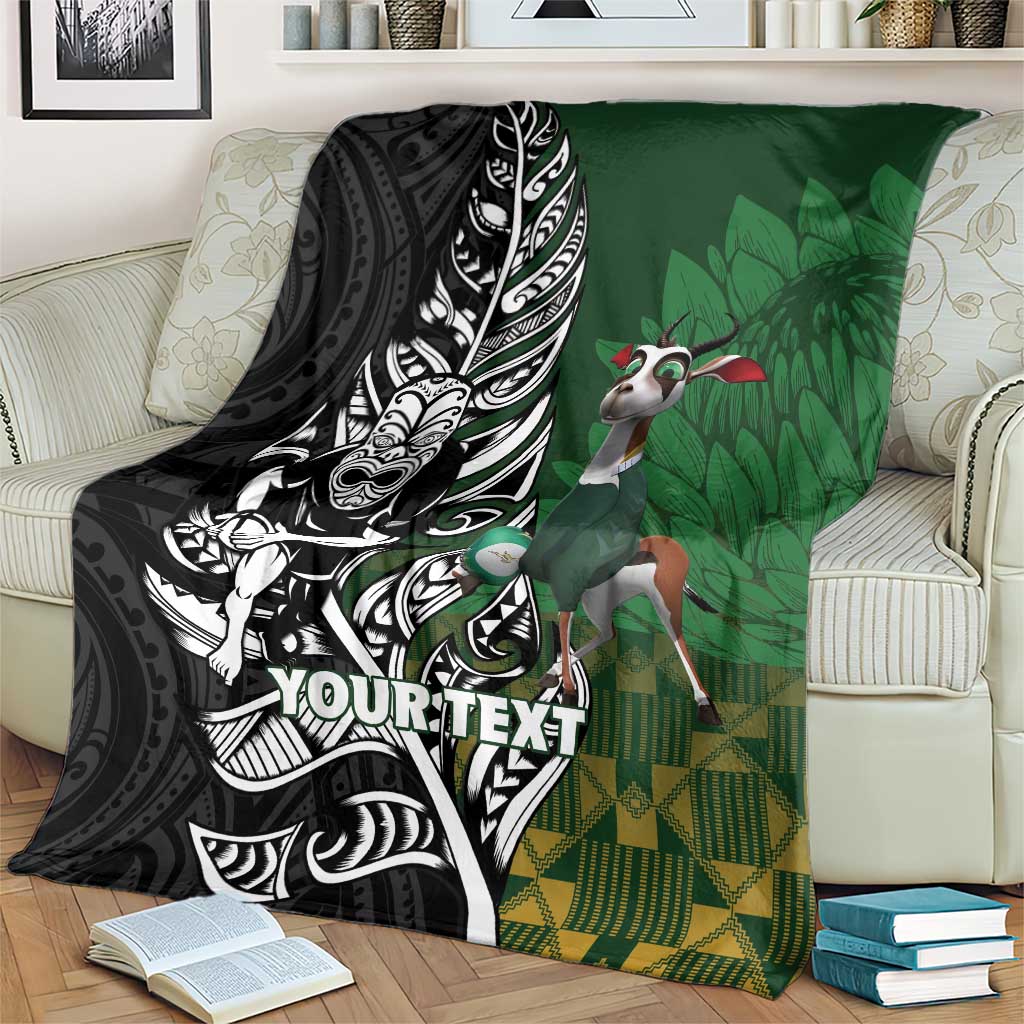 New Zealand and South Africa Rugby Custom Blanket Maori Tiki Fern Springboks Kente Pattern - Polynesian Pride