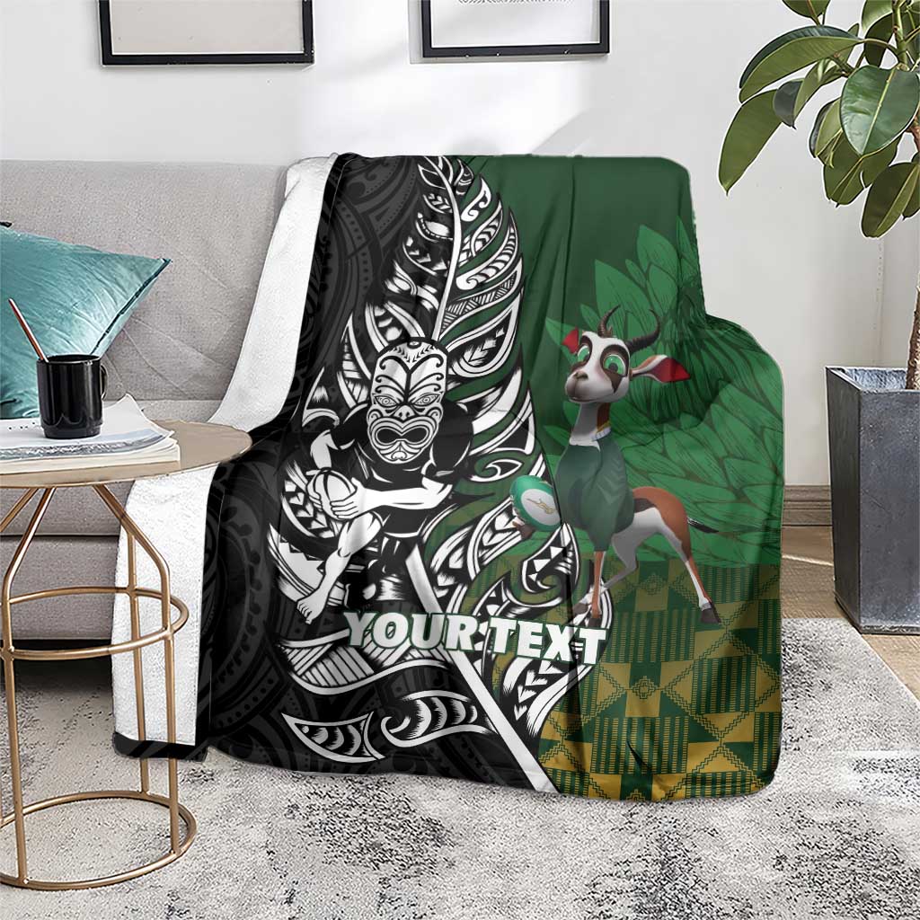 New Zealand and South Africa Rugby Custom Blanket Maori Tiki Fern Springboks Kente Pattern - Polynesian Pride