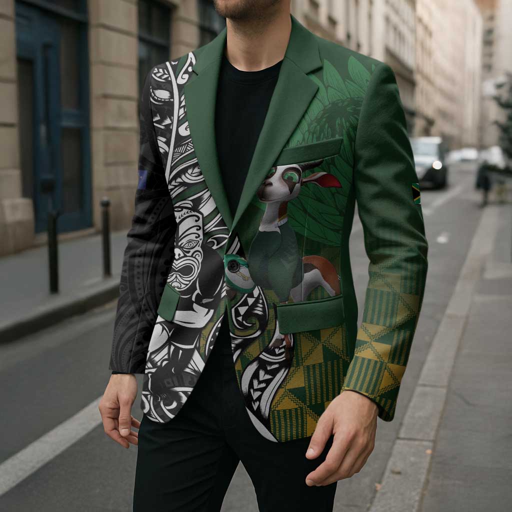 New Zealand and South Africa Rugby Custom Blazer Maori Tiki Fern Springboks Kente Pattern - Polynesian Pride