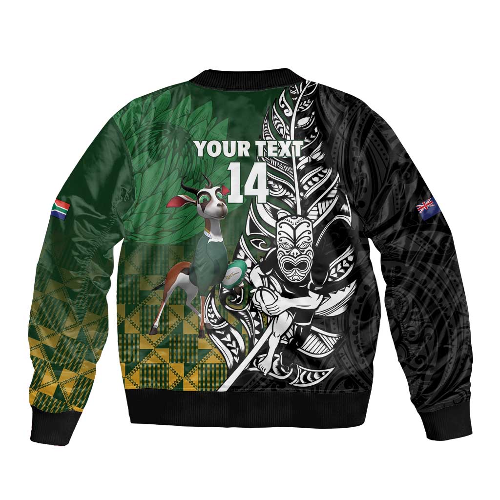 New Zealand and South Africa Rugby Custom Bomber Jacket Maori Tiki Fern Springboks Kente Pattern - Polynesian Pride
