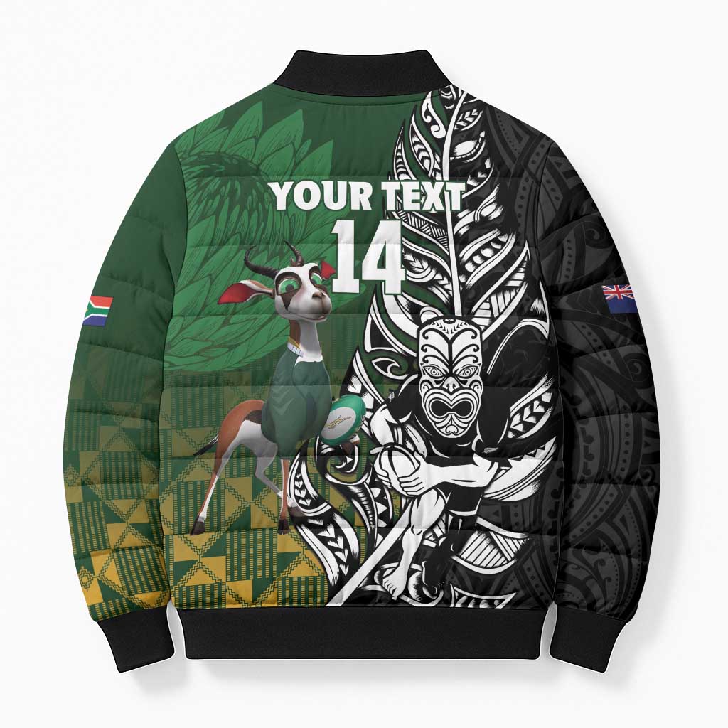 New Zealand and South Africa Rugby Custom Bomber Puffer Jacket Maori Tiki Fern Springboks Kente Pattern - Polynesian Pride