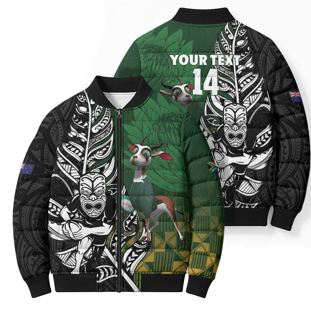New Zealand and South Africa Rugby Custom Bomber Puffer Jacket Maori Tiki Fern Springboks Kente Pattern - Polynesian Pride