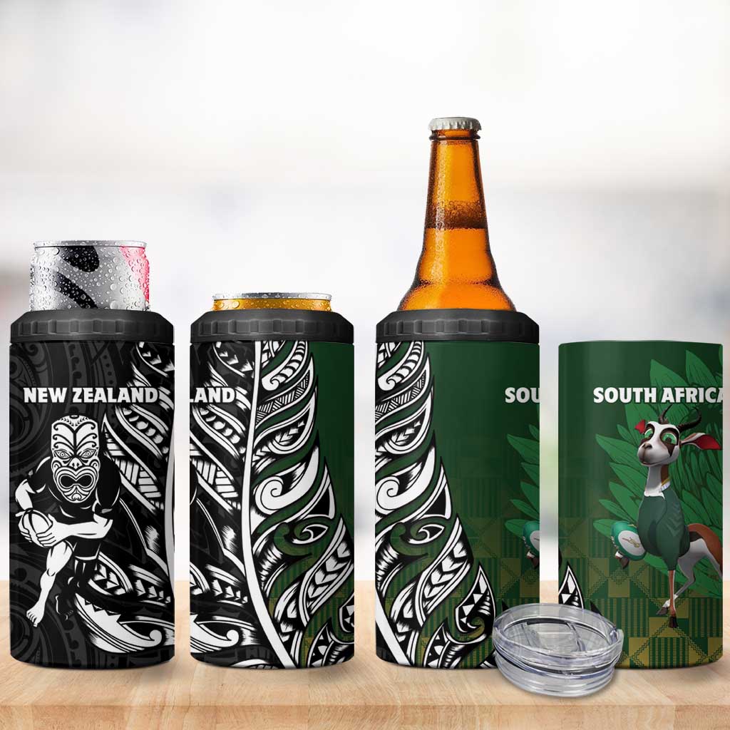 New Zealand and South Africa Rugby 4 in 1 Can Cooler Tumbler Maori Tiki Fern Springboks Kente Pattern - Polynesian Pride