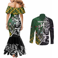 New Zealand and South Africa Rugby Custom Couples Matching Mermaid Dress and Long Sleeve Button Shirt Maori Tiki Fern Springboks Kente Pattern - Polynesian Pride