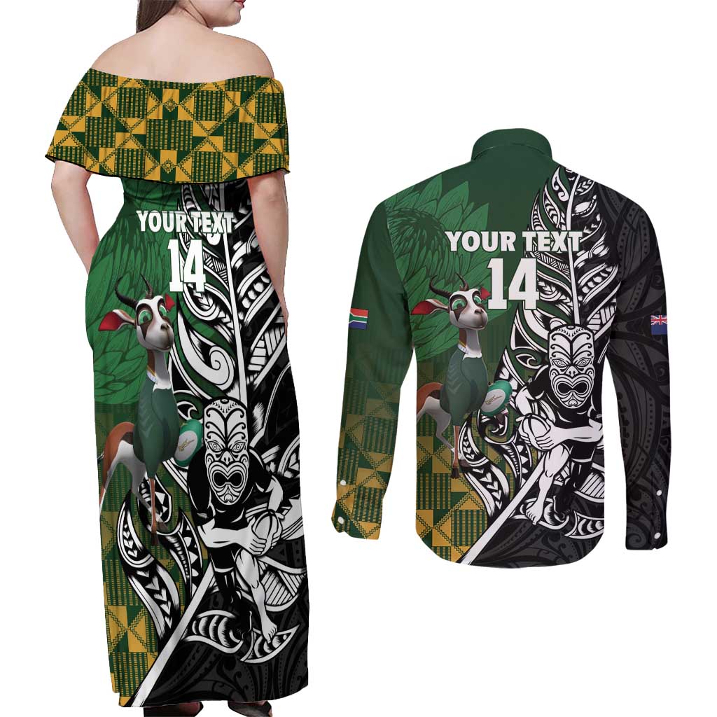 New Zealand and South Africa Rugby Custom Couples Matching Off Shoulder Maxi Dress and Long Sleeve Button Shirt Maori Tiki Fern Springboks Kente Pattern - Polynesian Pride