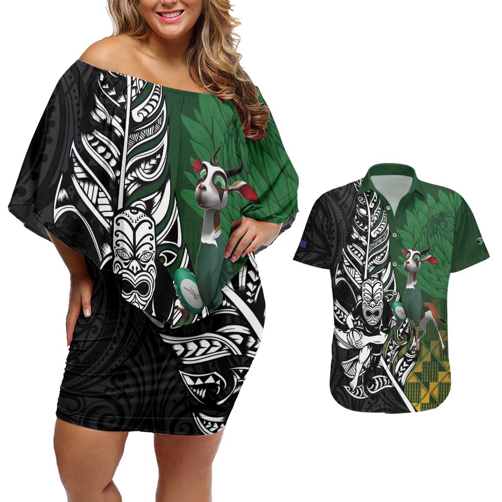 New Zealand and South Africa Rugby Custom Couples Matching Off Shoulder Short Dress and Hawaiian Shirt Maori Tiki Fern Springboks Kente Pattern - Polynesian Pride