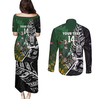 New Zealand and South Africa Rugby Custom Couples Matching Puletasi and Long Sleeve Button Shirt Maori Tiki Fern Springboks Kente Pattern - Polynesian Pride