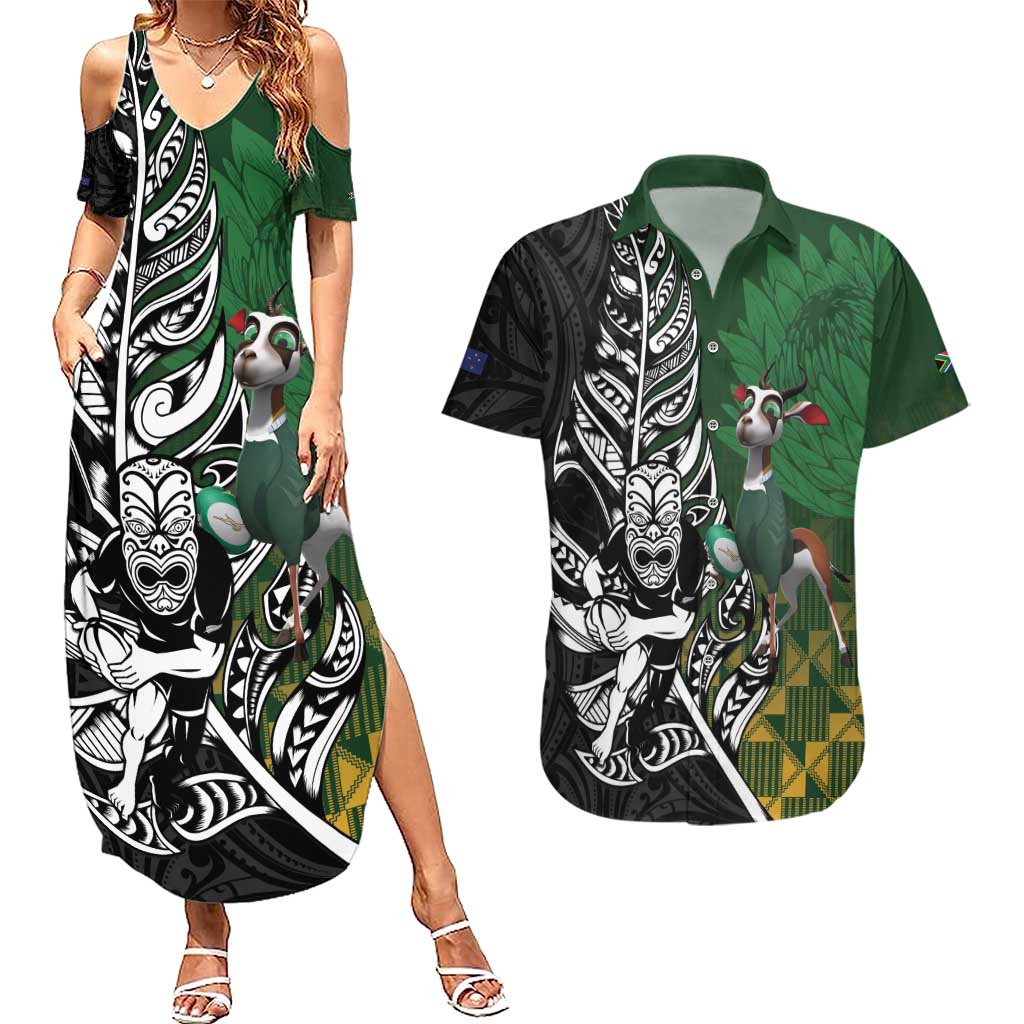 New Zealand and South Africa Rugby Custom Couples Matching Summer Maxi Dress and Hawaiian Shirt Maori Tiki Fern Springboks Kente Pattern - Polynesian Pride