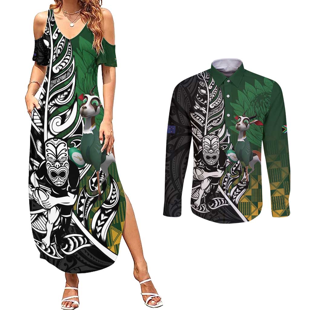 New Zealand and South Africa Rugby Custom Couples Matching Summer Maxi Dress and Long Sleeve Button Shirt Maori Tiki Fern Springboks Kente Pattern - Polynesian Pride