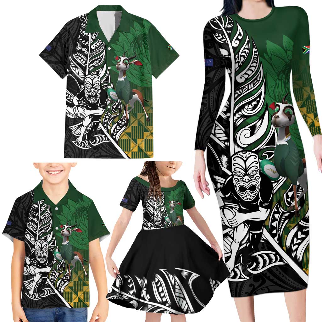New Zealand and South Africa Rugby Custom Family Matching Long Sleeve Bodycon Dress and Hawaiian Shirt Maori Tiki Fern Springboks Kente Pattern - Polynesian Pride