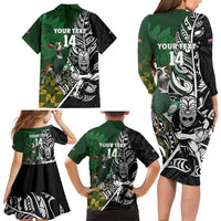 New Zealand and South Africa Rugby Custom Family Matching Long Sleeve Bodycon Dress and Hawaiian Shirt Maori Tiki Fern Springboks Kente Pattern - Polynesian Pride