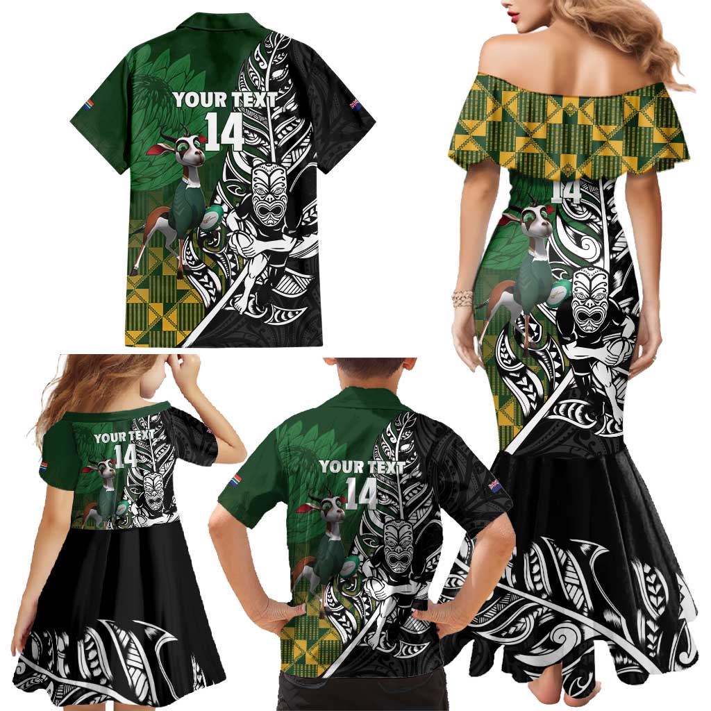 New Zealand and South Africa Rugby Custom Family Matching Mermaid Dress and Hawaiian Shirt Maori Tiki Fern Springboks Kente Pattern - Polynesian Pride