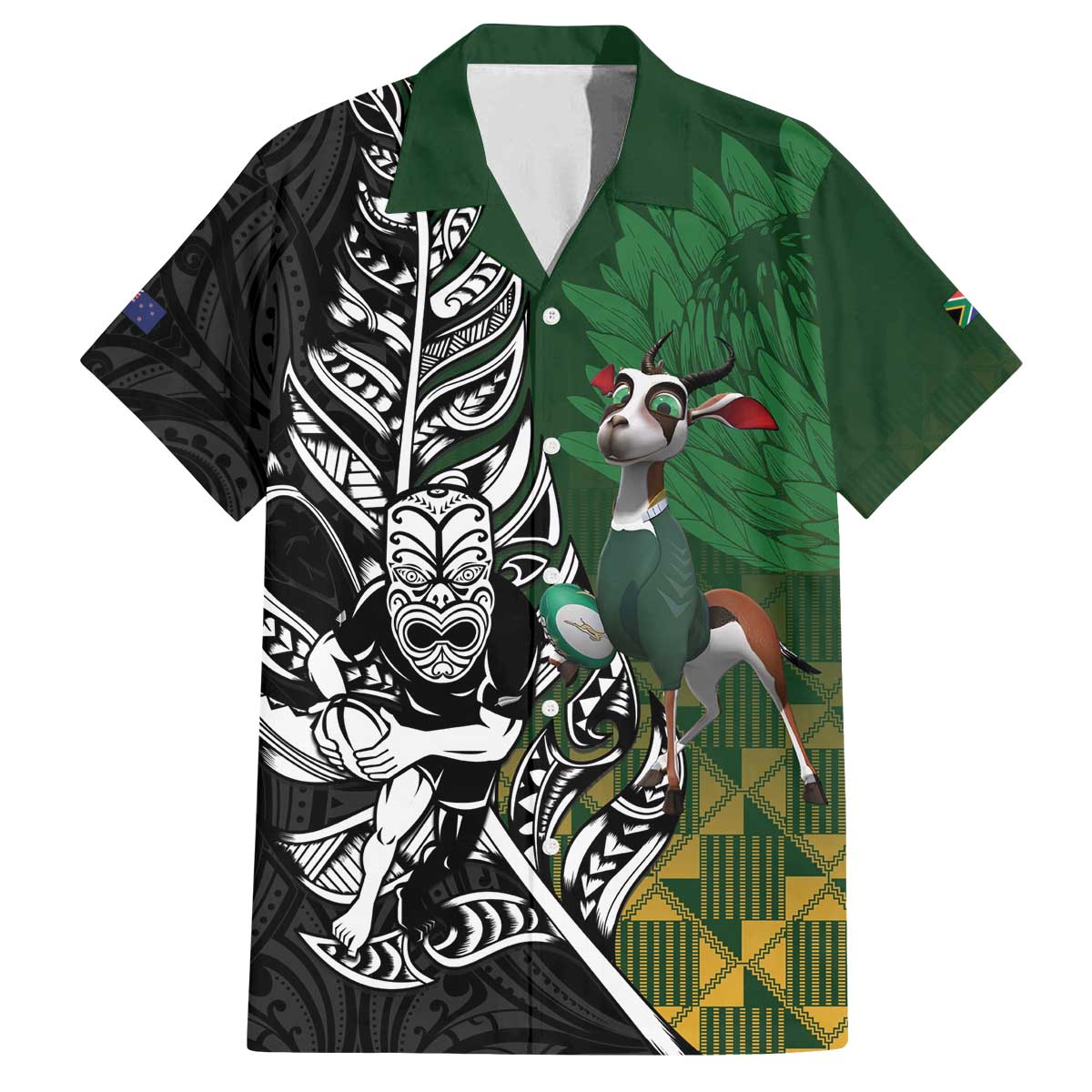 New Zealand and South Africa Rugby Custom Family Matching Off The Shoulder Long Sleeve Dress and Hawaiian Shirt Maori Tiki Fern Springboks Kente Pattern - Polynesian Pride