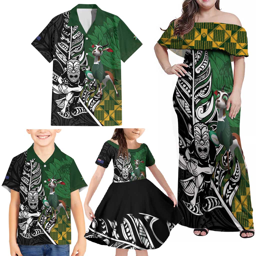 New Zealand and South Africa Rugby Custom Family Matching Off Shoulder Maxi Dress and Hawaiian Shirt Maori Tiki Fern Springboks Kente Pattern - Polynesian Pride