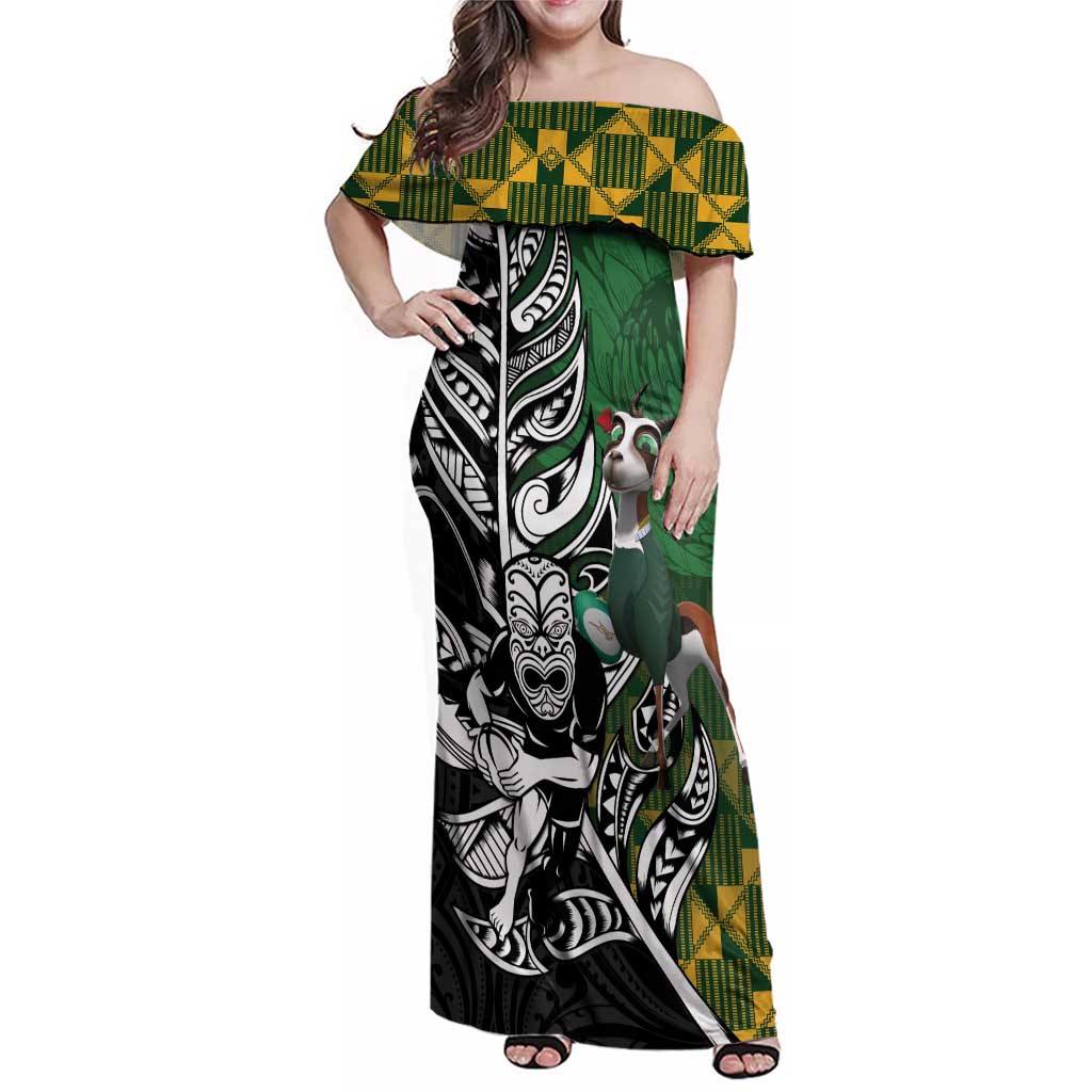 New Zealand and South Africa Rugby Custom Family Matching Off Shoulder Maxi Dress and Hawaiian Shirt Maori Tiki Fern Springboks Kente Pattern - Polynesian Pride