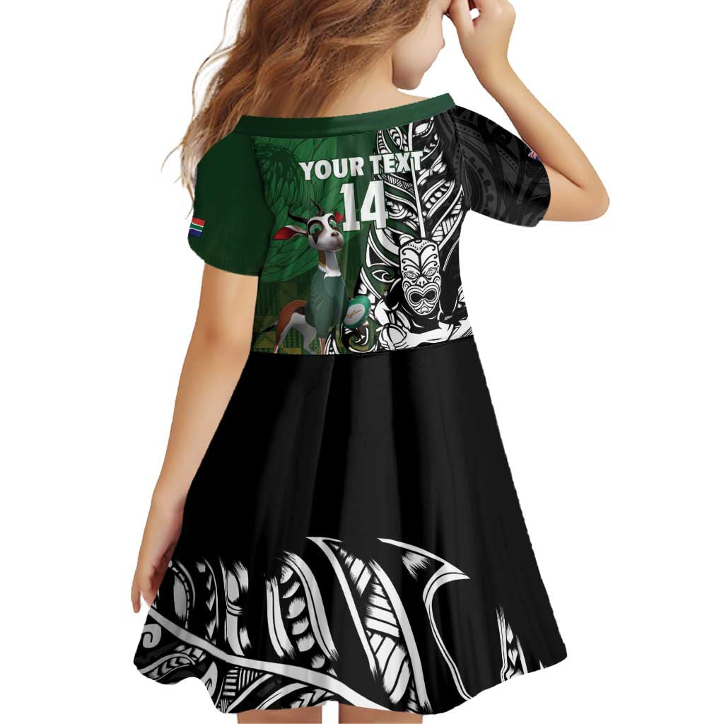 New Zealand and South Africa Rugby Custom Family Matching Off Shoulder Short Dress and Hawaiian Shirt Maori Tiki Fern Springboks Kente Pattern - Polynesian Pride