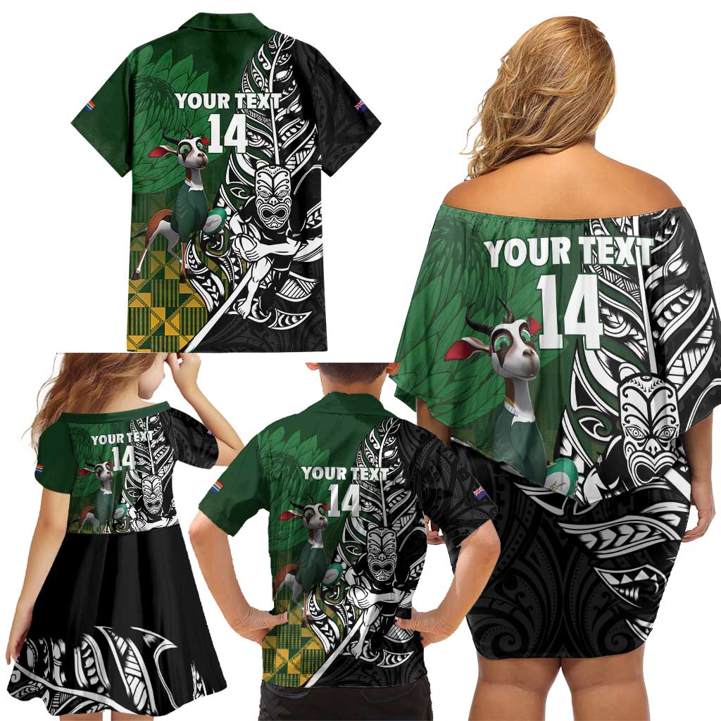 New Zealand and South Africa Rugby Custom Family Matching Off Shoulder Short Dress and Hawaiian Shirt Maori Tiki Fern Springboks Kente Pattern - Polynesian Pride