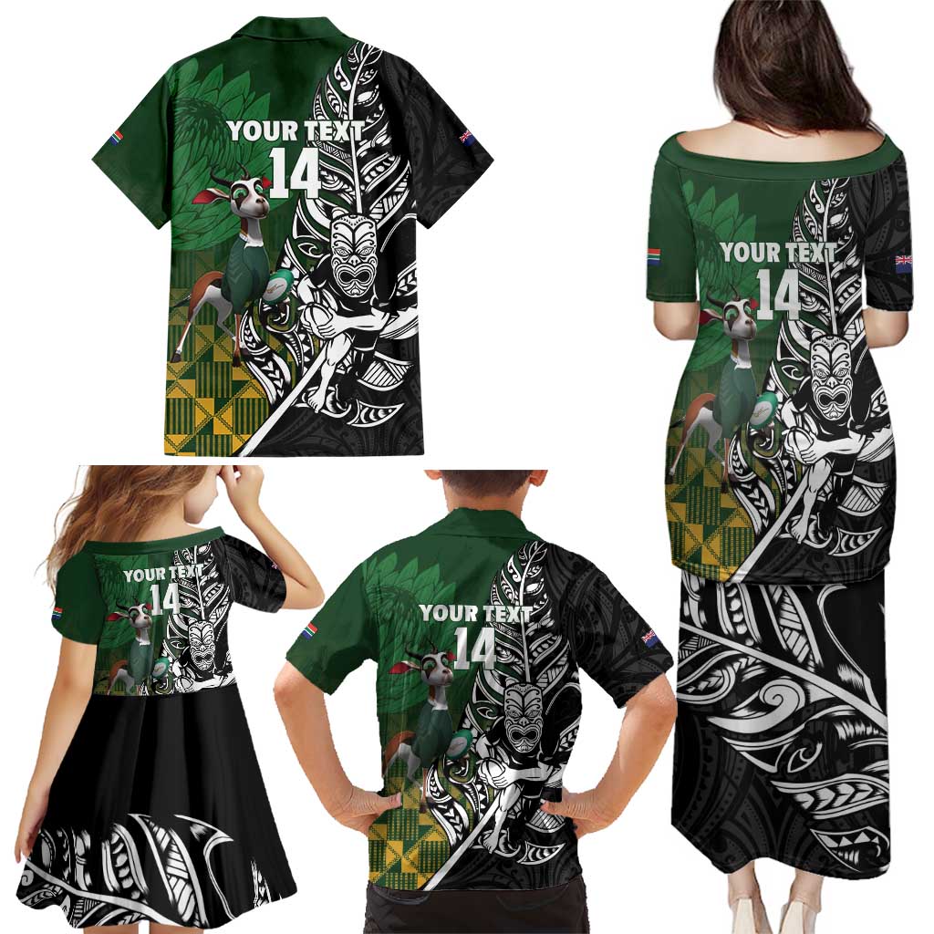 New Zealand and South Africa Rugby Custom Family Matching Puletasi and Hawaiian Shirt Maori Tiki Fern Springboks Kente Pattern - Polynesian Pride
