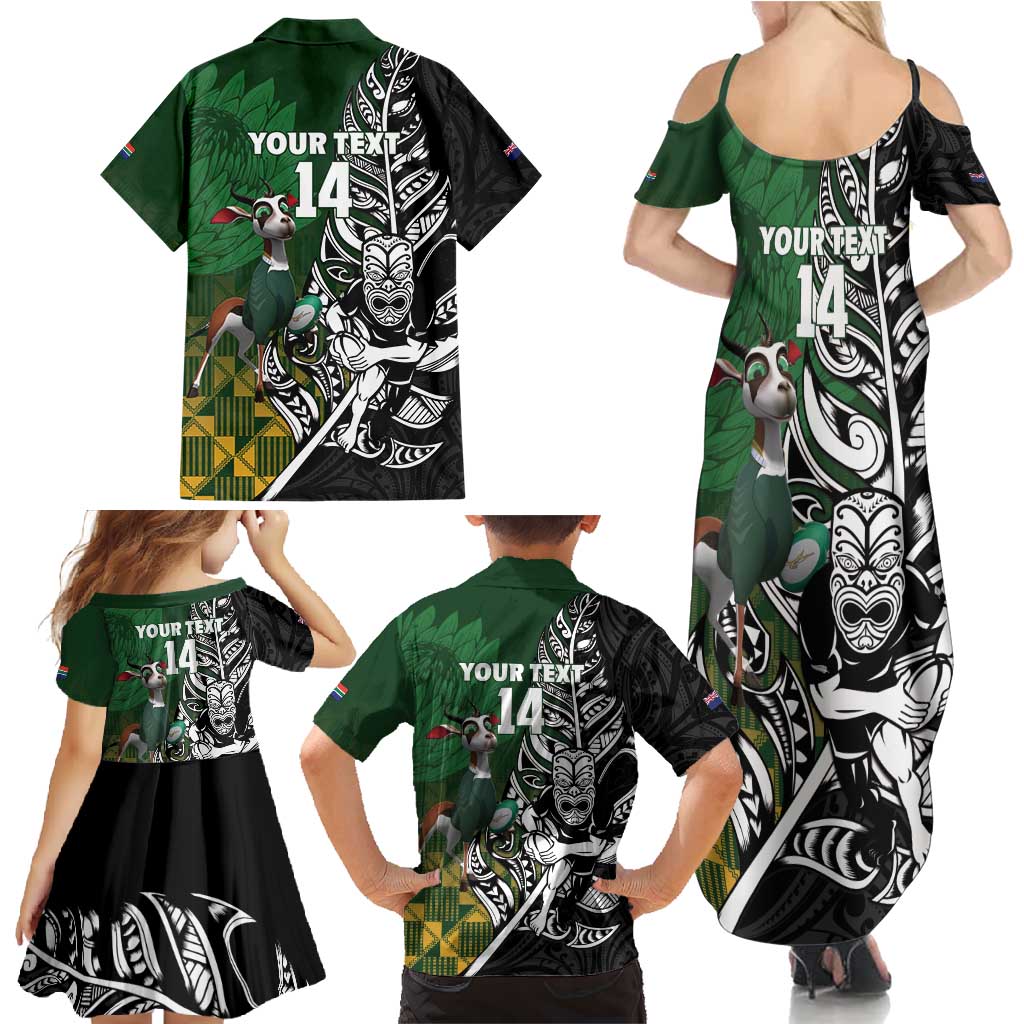 New Zealand and South Africa Rugby Custom Family Matching Summer Maxi Dress and Hawaiian Shirt Maori Tiki Fern Springboks Kente Pattern - Polynesian Pride