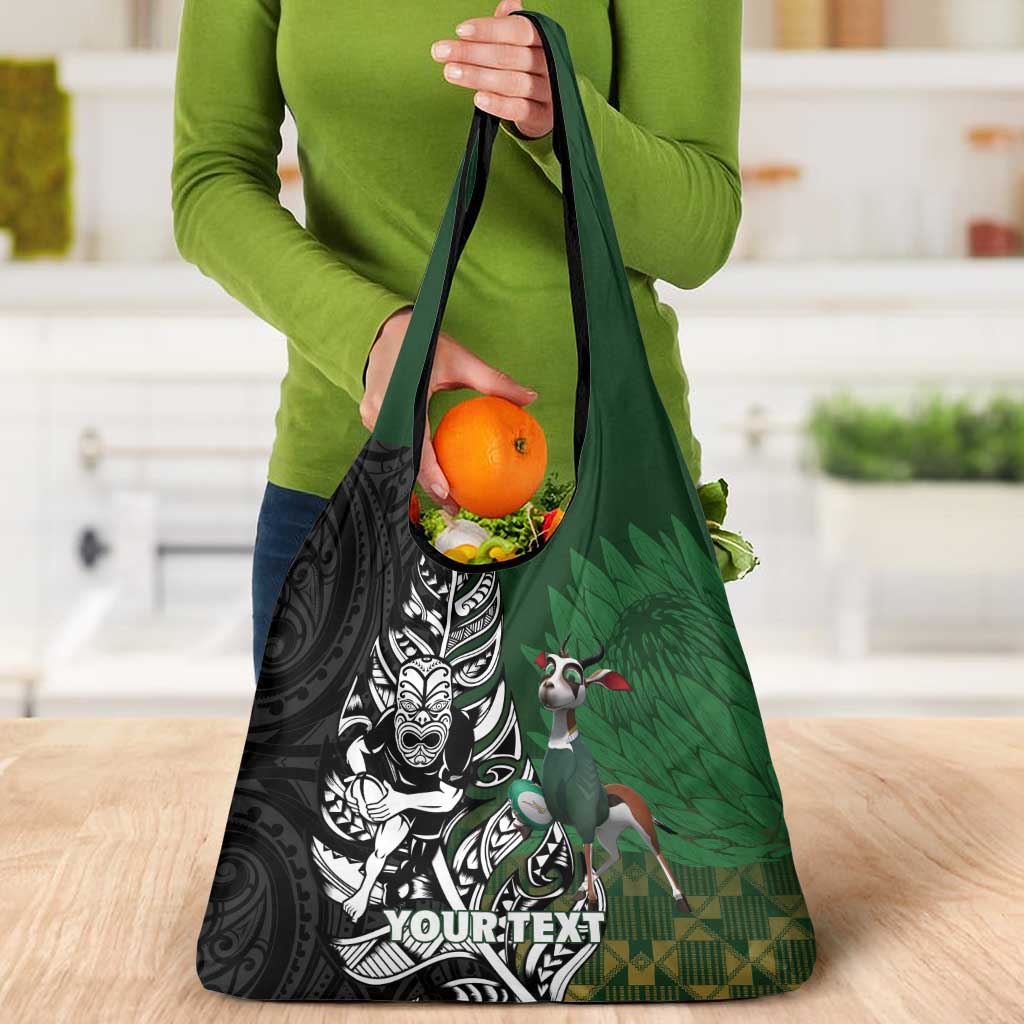 New Zealand and South Africa Rugby Custom Grocery Bag Maori Tiki Fern Springboks Kente Pattern - Polynesian Pride