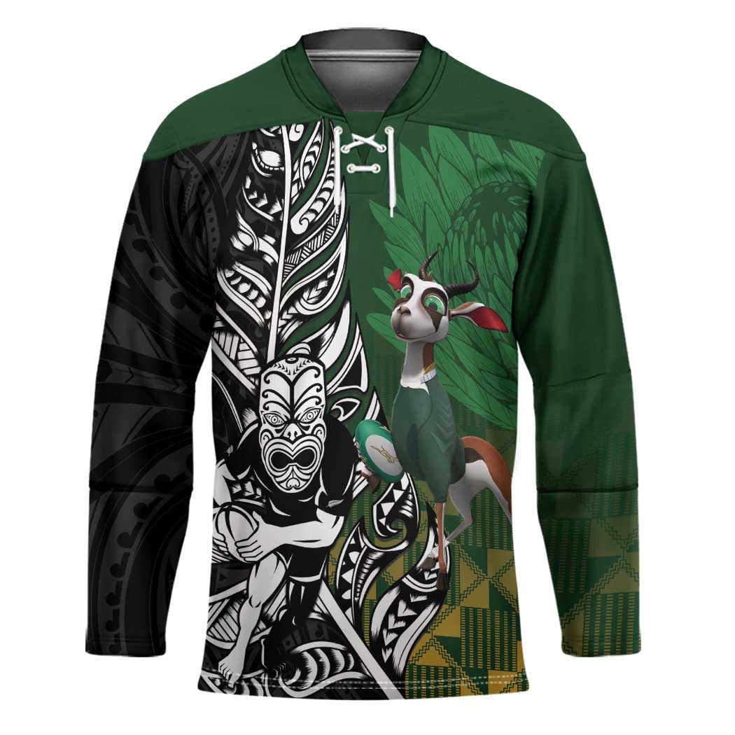 New Zealand and South Africa Rugby Custom Hockey Jersey Maori Tiki Fern Springboks Kente Pattern - Polynesian Pride
