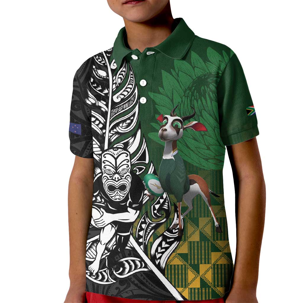 New Zealand and South Africa Rugby Custom Kid Polo Shirt Maori Tiki Fern Springboks Kente Pattern - Polynesian Pride