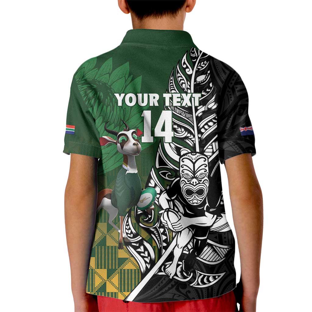 New Zealand and South Africa Rugby Custom Kid Polo Shirt Maori Tiki Fern Springboks Kente Pattern - Polynesian Pride