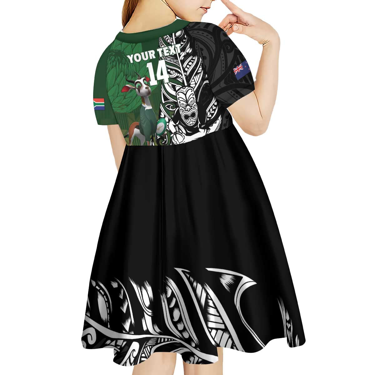 New Zealand and South Africa Rugby Custom Kid Short Sleeve Dress Maori Tiki Fern Springboks Kente Pattern - Polynesian Pride