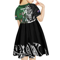 New Zealand and South Africa Rugby Custom Kid Short Sleeve Dress Maori Tiki Fern Springboks Kente Pattern - Polynesian Pride