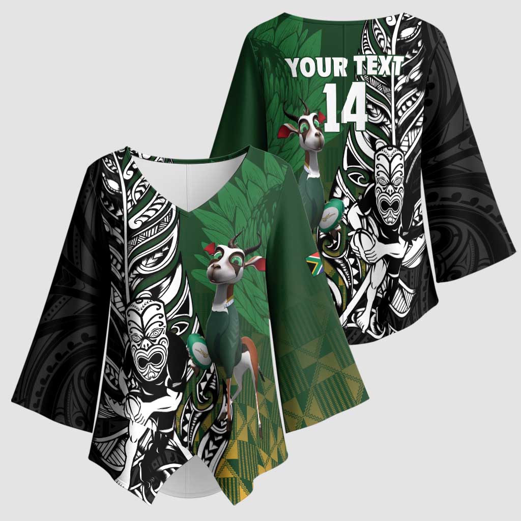 New Zealand and South Africa Rugby Custom Kimono Sleeve Blouse Maori Tiki Fern Springboks Kente Pattern - Polynesian Pride