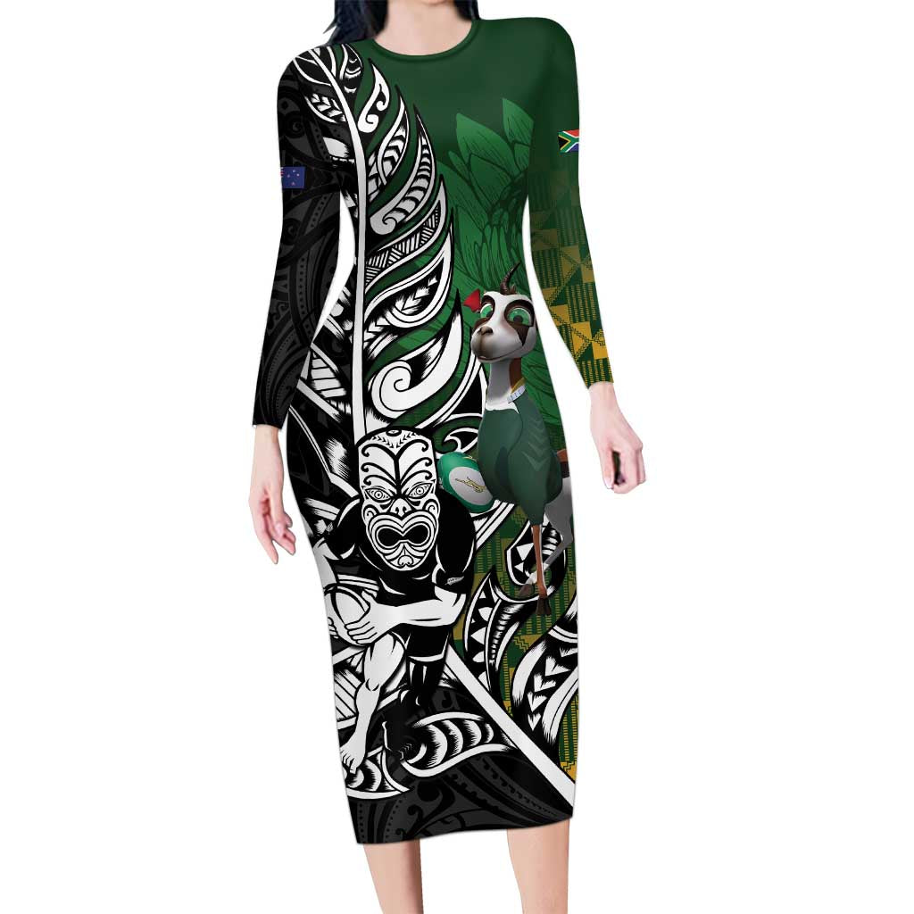 New Zealand and South Africa Rugby Custom Long Sleeve Bodycon Dress Maori Tiki Fern Springboks Kente Pattern - Polynesian Pride