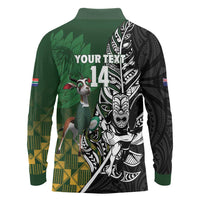 New Zealand and South Africa Rugby Custom Long Sleeve Polo Shirt Maori Tiki Fern Springboks Kente Pattern - Polynesian Pride